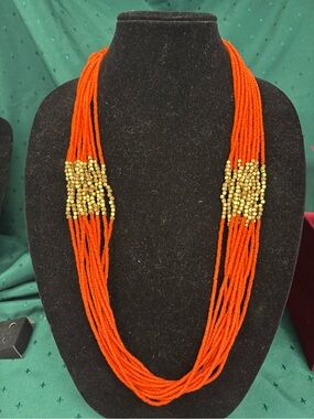 Oscar de la Renta Orange Multi-Strand Seed Bead Necklace with Gold Bead Clusters